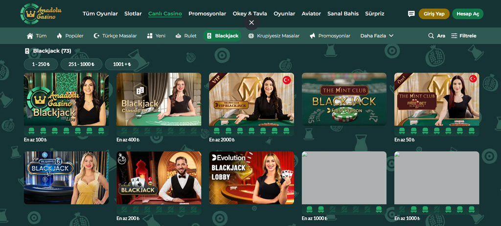 anadolu casino canlı blackjack odaları