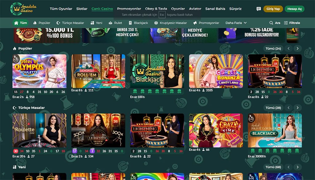 Anadolu canlı casino sitesi resmi giriş arayüzü ve lobi görünümü