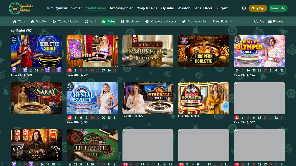 Anadolu Casino Türkçe Canlı Masalar